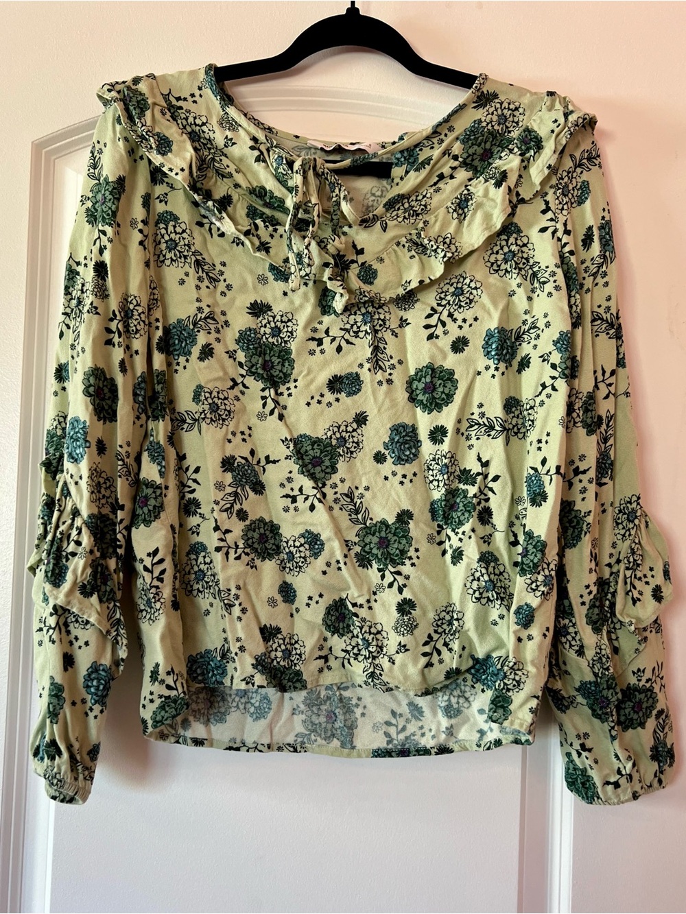 Sonoma Light Green Floral Ruffle Tie-Neck Blouse